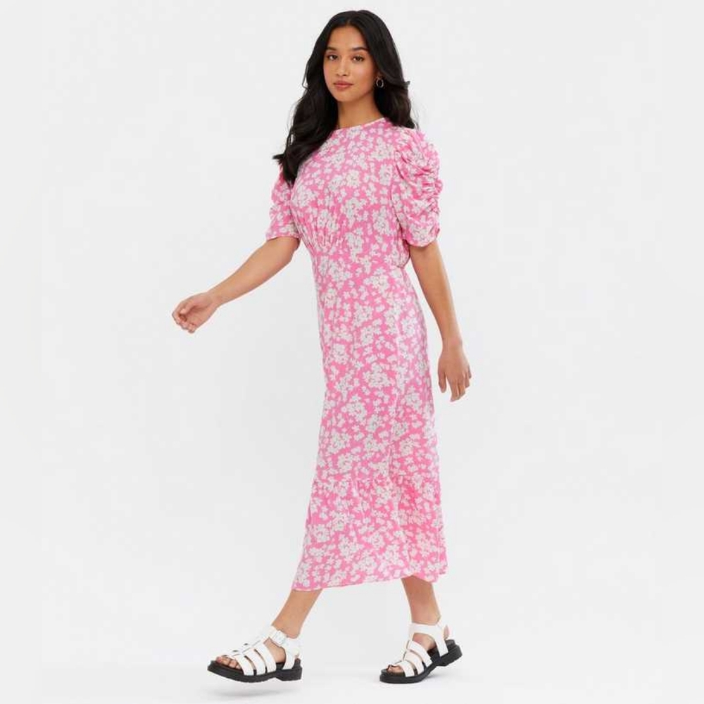 NWOT New Look Petite Pink Floral Ruched Midi Dress 4P